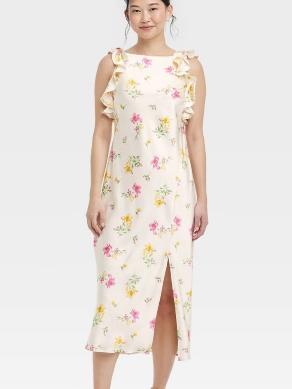 a new day Cream floral Midi Dress with Pink & Yellow Floral Print -nwt 7